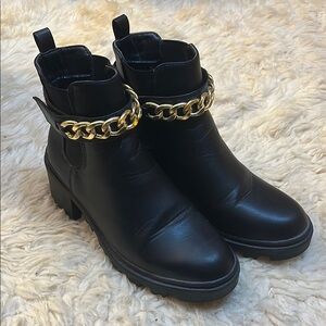 Black Leather Ankle Boots with Gold Chain